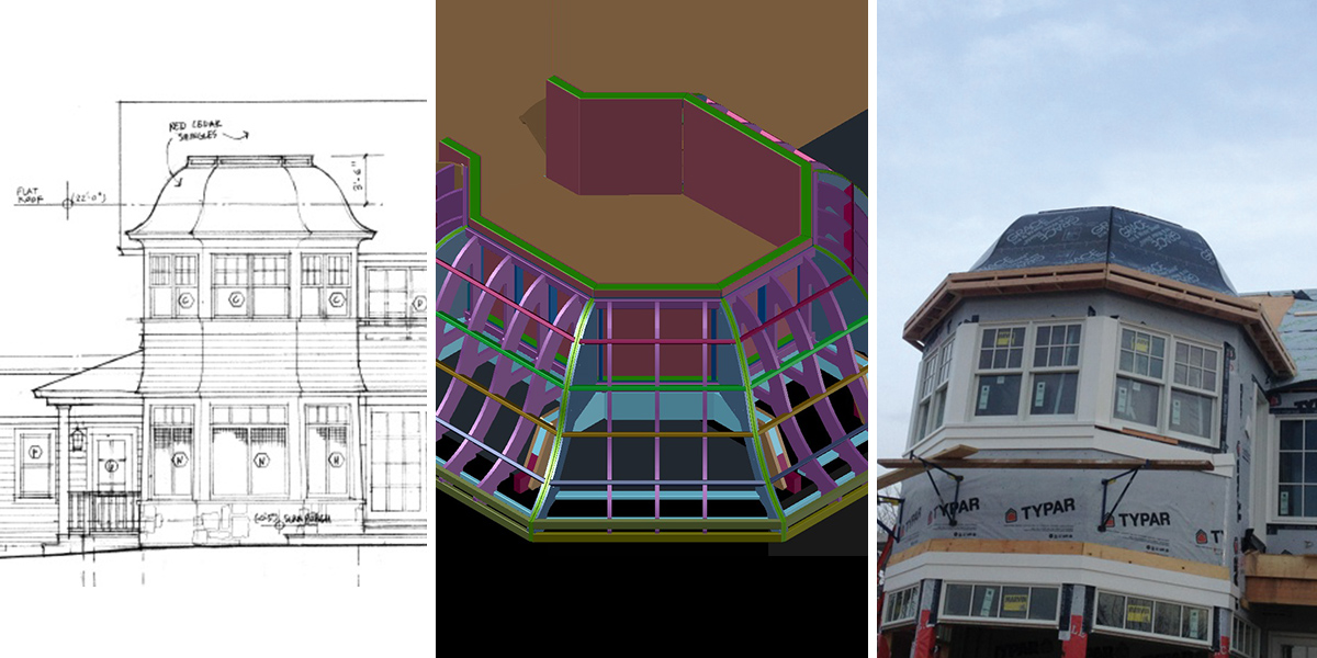 The three stages of a job: blueprint, 3D model and finished assembly